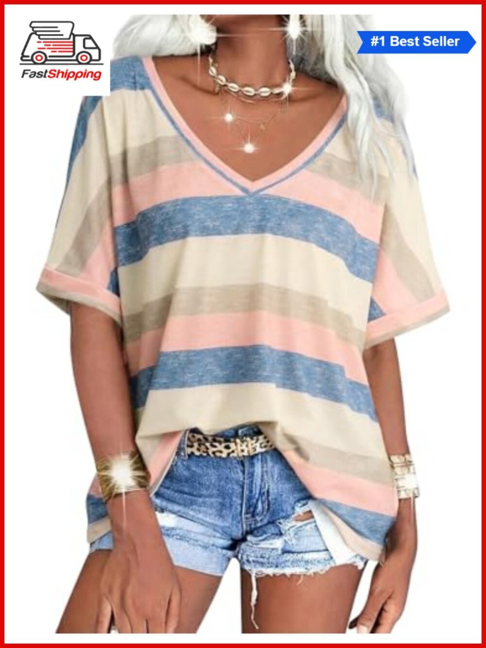 Oversized Striped V Neck Short Sleeve Tee Relaxed Fit Summer Top